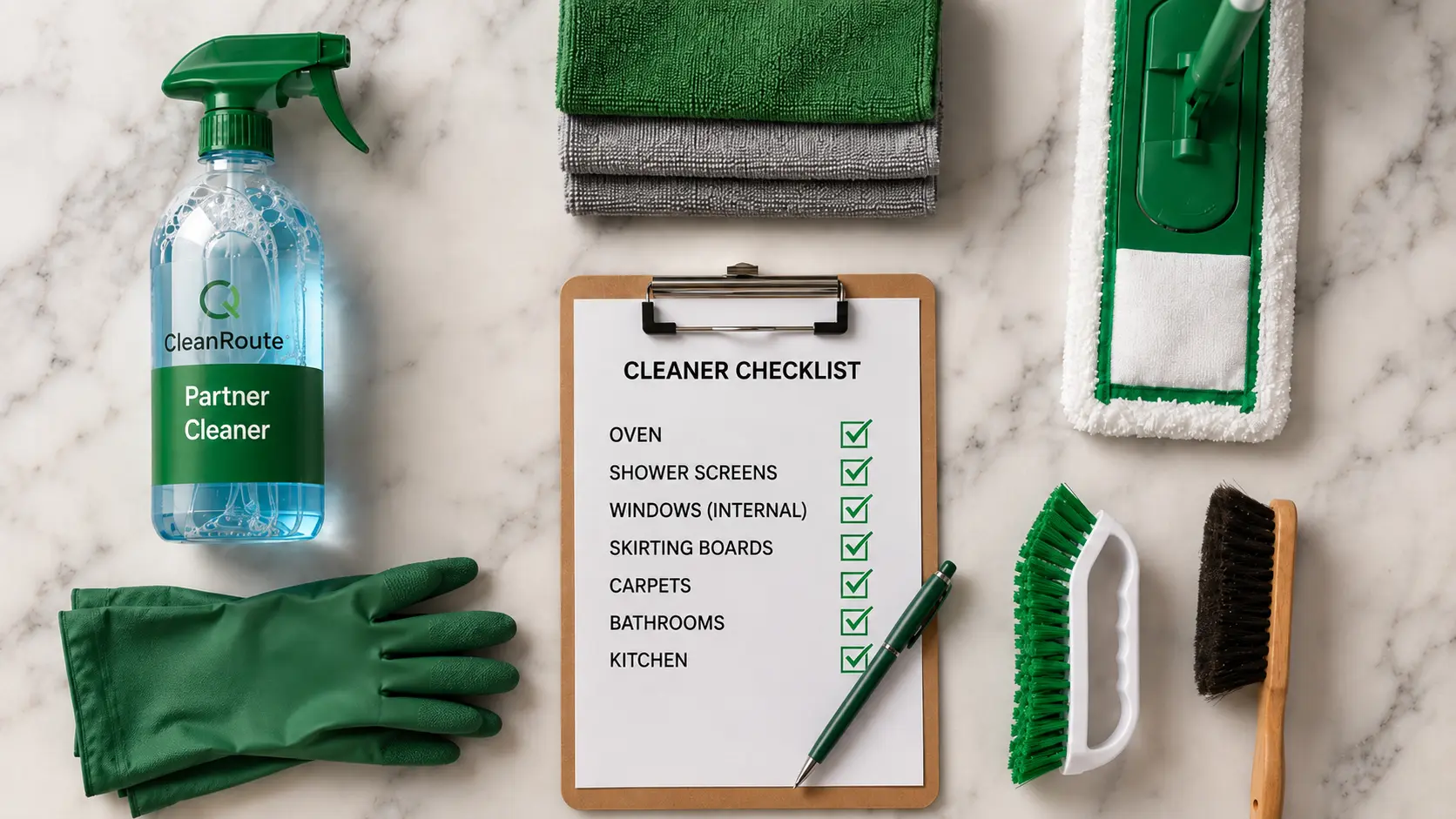 Professional cleaning equipment and checklist laid out neatly — spray bottles, microfibre cloths, gloves and a bond-cleaning checklist